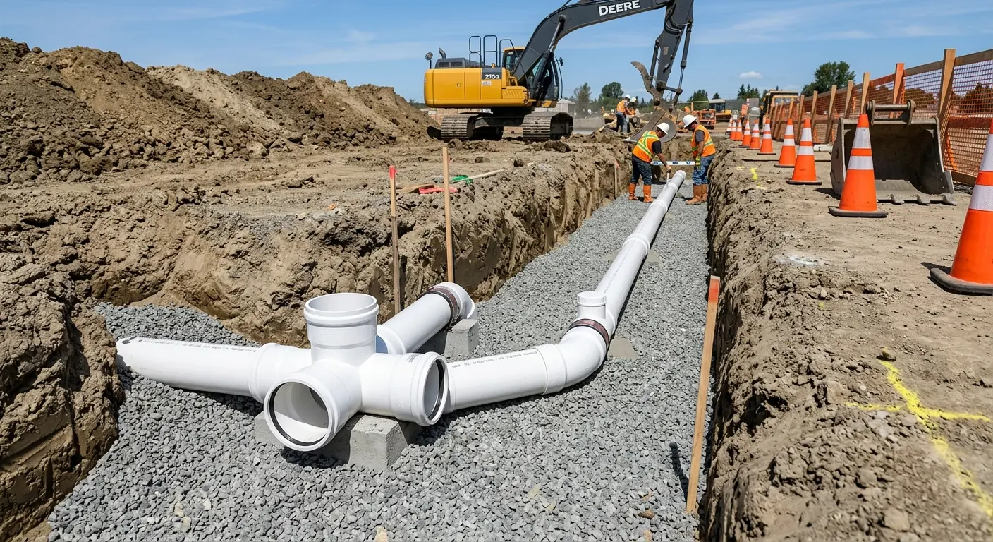 New PVC sewer pipe installation in open trench for Sewer Backup in Sturgis