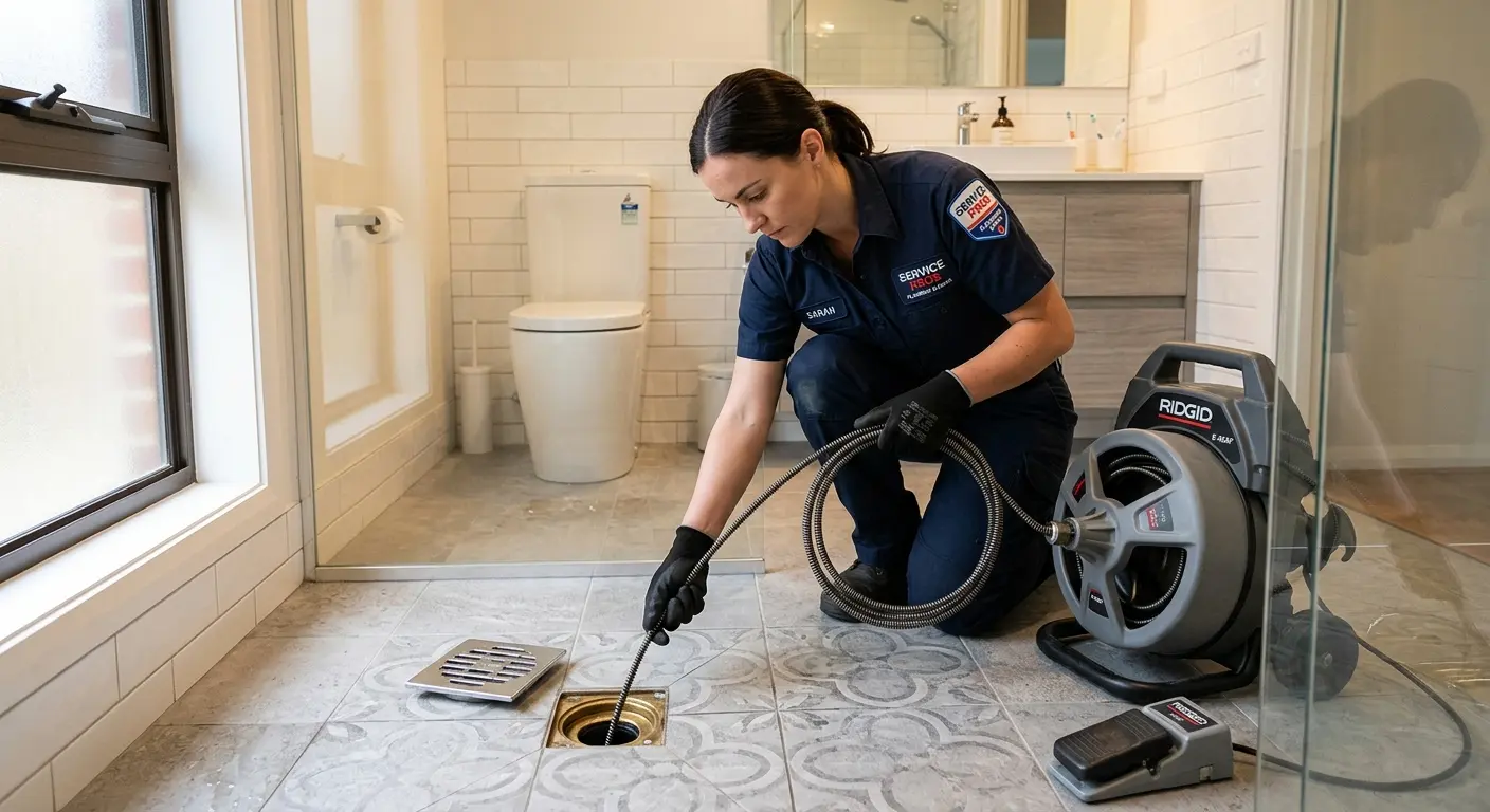 Technician clearing a bathroom floor drain for Drain Repair in Sturgis